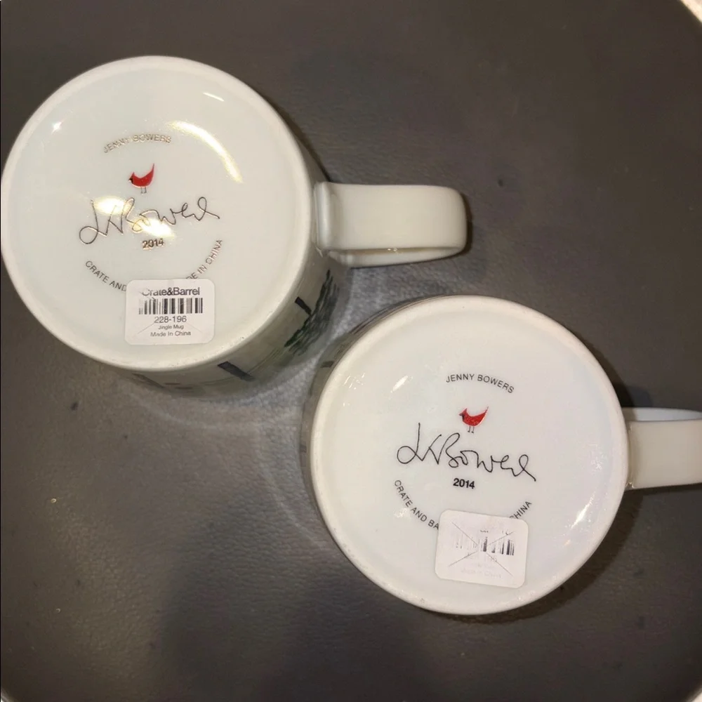 Set of 2 Vintage Crate&Barrel Jenny Bowers Christmas Tree Mugs from 2014, 16 Oz